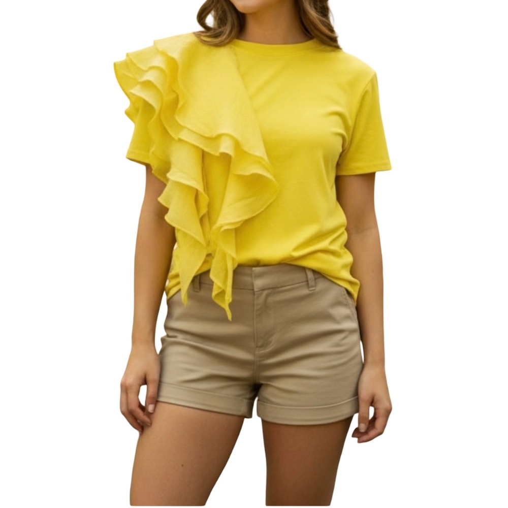 #A121   Nancy Vibrant Yellow asymmetrical Organza Ruffle sleeve top  NWT  L